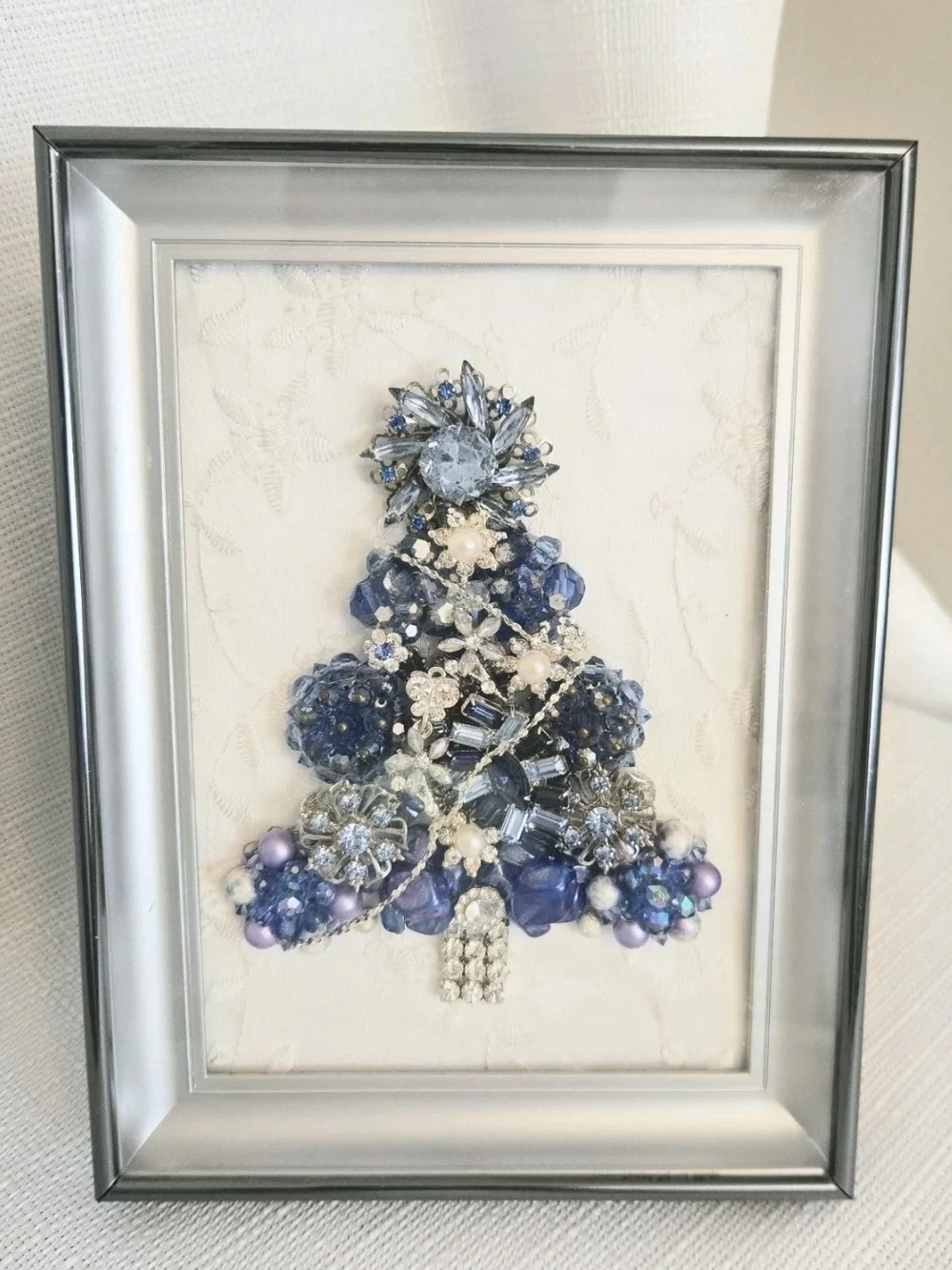 Vtg Costume Jewelry Framed Christmas Tree Blue Rhinestones Grandma's Brooch